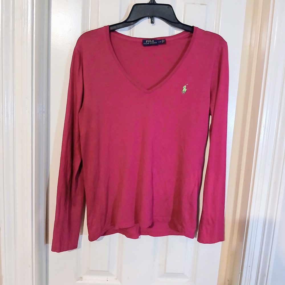 Ralph Lauren Pink V-Neck Long Sleeve Top L